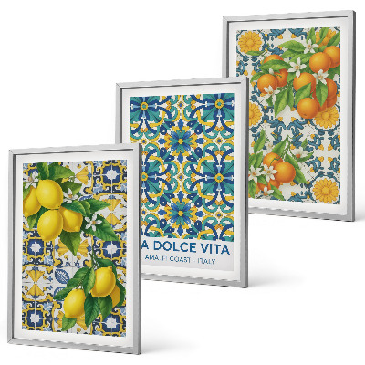 Set of 3 framed wall art pieces Lemons, oranges, flowers, Italy