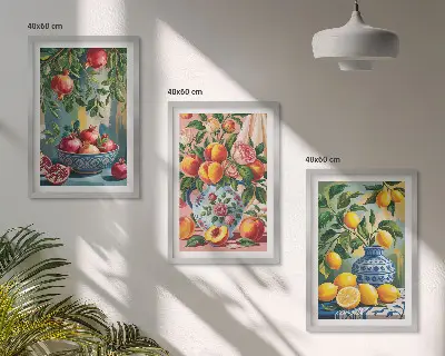 Set of 3 framed pomegranate fruit wall art fruit compositions