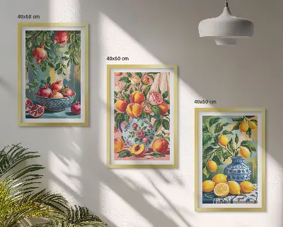 Set of 3 framed pomegranate fruit wall art fruit compositions