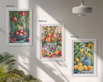 Set of 3 framed pomegranate fruit wall art fruit compositions