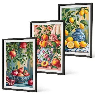 Set of 3 framed pomegranate fruit wall art fruit compositions