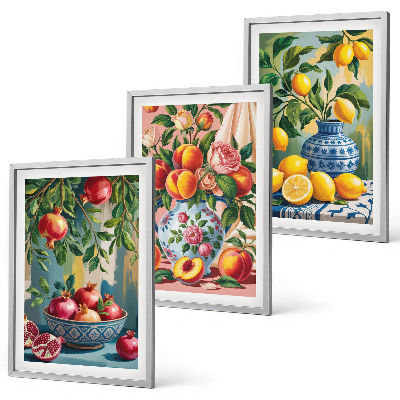 Set of 3 framed wall art pieces Fruit compositions of pomegranates
