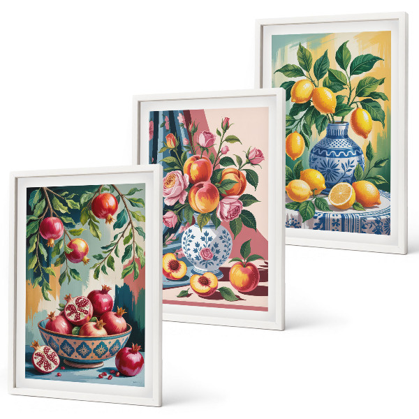 Three-piece wall art piece Flowers and fruit in vases
