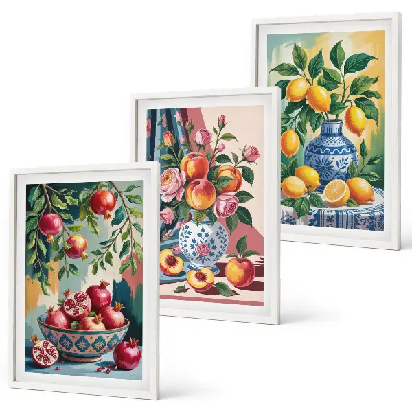 Flowers and fruit in vases wall art three-piece set