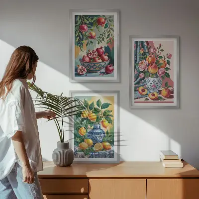 Flowers and fruit in vases wall art three-piece set