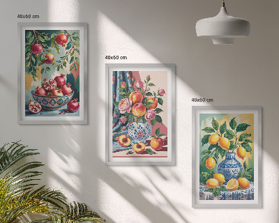 Three-piece wall art piece Flowers and fruit in vases