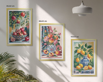 Three-piece wall art piece Flowers and fruit in vases