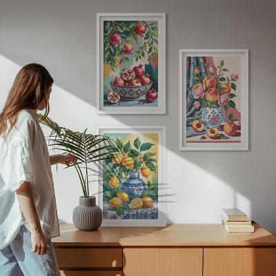 Three-piece wall art piece Flowers and fruit in vases
