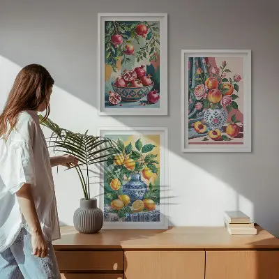 Flowers and fruit in vases wall art three-piece set