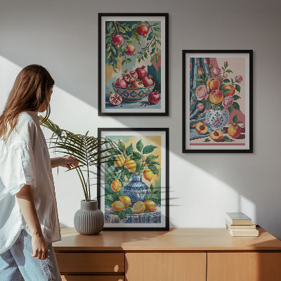 Three-piece wall art piece Flowers and fruit in vases