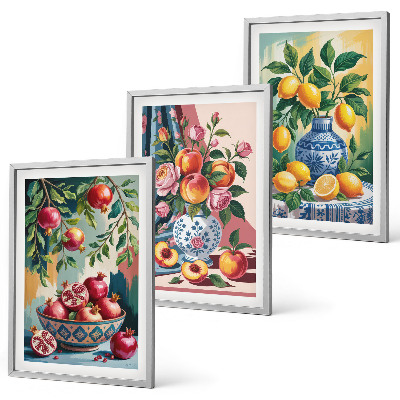 Three-piece wall art piece Flowers and fruit in vases