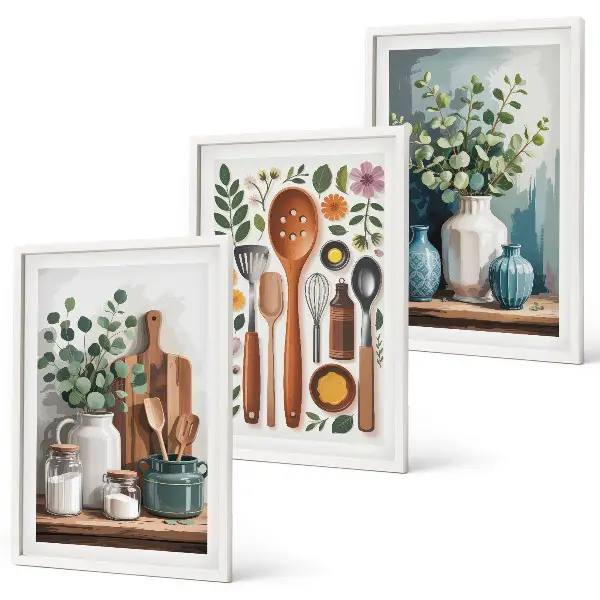 Set of 3 framed wall art pieces featuring plant-based kitchen motifs