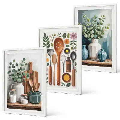 Set of 3 framed wall art pieces featuring plant-based kitchen motifs