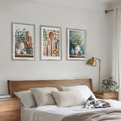 Set of 3 framed wall art pieces featuring plant-based kitchen motifs