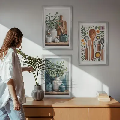 Set of 3 framed wall art pieces featuring plant-based kitchen motifs