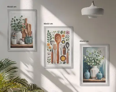 Set of 3 framed wall art pieces featuring plant-based kitchen motifs