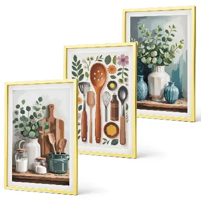 Set of 3 framed wall art pieces featuring plant-based kitchen motifs