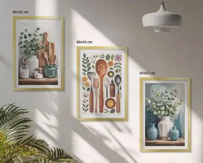 Set of 3 framed wall art pieces featuring plant-based kitchen motifs