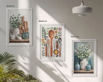 Set of 3 framed wall art pieces featuring plant-based kitchen motifs