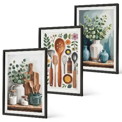 Set of 3 framed wall art pieces featuring plant-based kitchen motifs