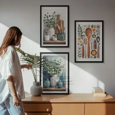 Set of 3 framed wall art pieces featuring plant-based kitchen motifs