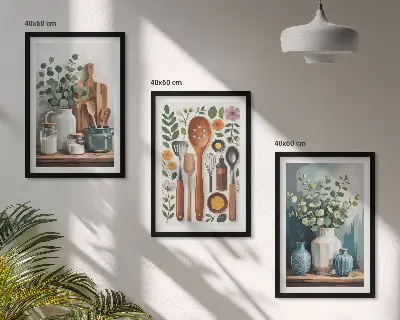 Set of 3 framed wall art pieces featuring plant-based kitchen motifs