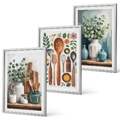 Set of 3 framed wall art pieces featuring plant-based kitchen motifs
