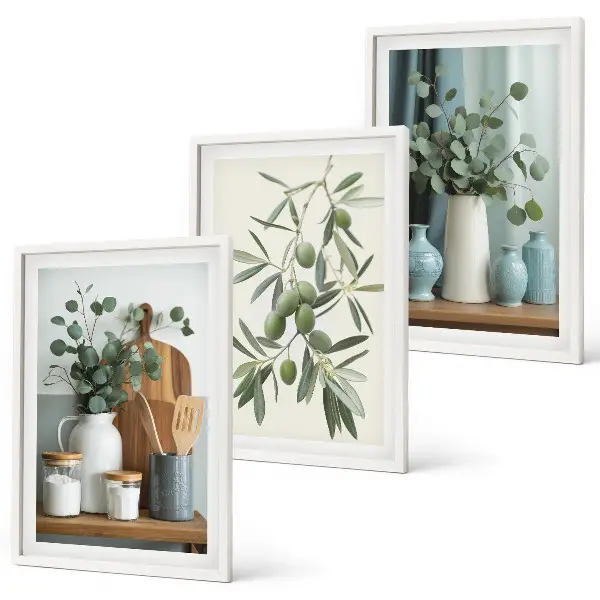Three-piece eucalyptus and green olives wall art floral botanical print set