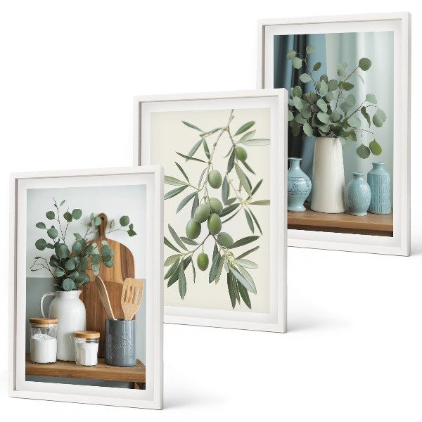 Three-piece wall art piece Green olives eucalyptus