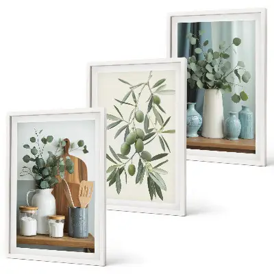 Three-piece eucalyptus and green olives wall art floral botanical print set