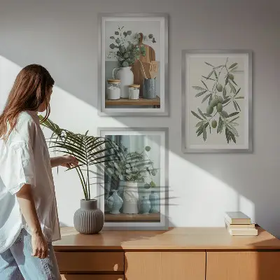 Three-piece eucalyptus and green olives wall art floral botanical print set
