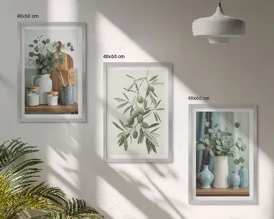 Three-piece eucalyptus and green olives wall art floral botanical print set