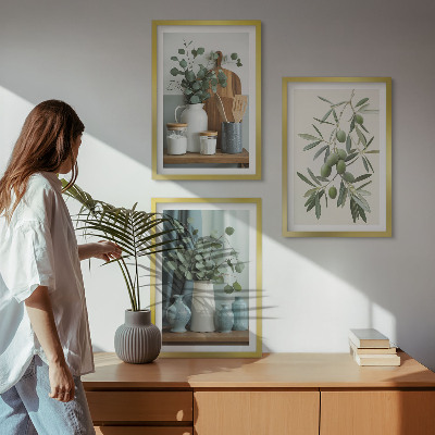 Three-piece wall art piece Green olives eucalyptus