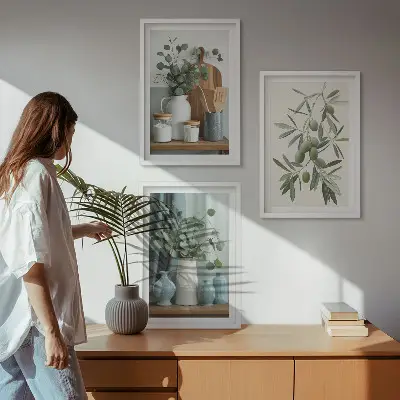 Three-piece eucalyptus and green olives wall art floral botanical print set