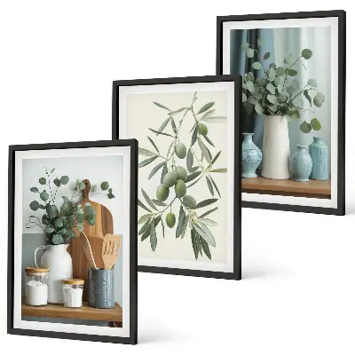 Three-piece eucalyptus and green olives wall art floral botanical print set