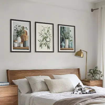 Three-piece eucalyptus and green olives wall art floral botanical print set