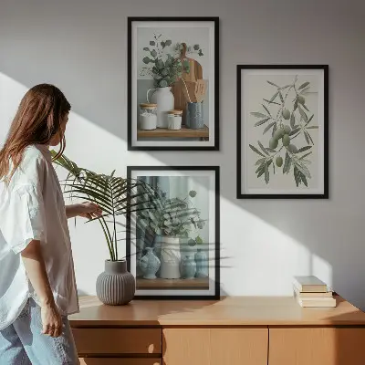 Three-piece eucalyptus and green olives wall art floral botanical print set