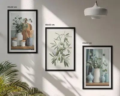 Three-piece eucalyptus and green olives wall art floral botanical print set