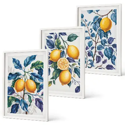 Set of 3 framed wall art pieces lemon branches with blue leaves
