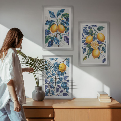 Set of 3 framed wall art pieces Lemon branches blue leaves