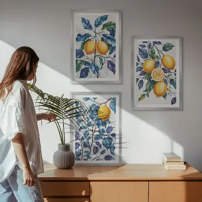 Set of 3 framed wall art pieces lemon branches with blue leaves