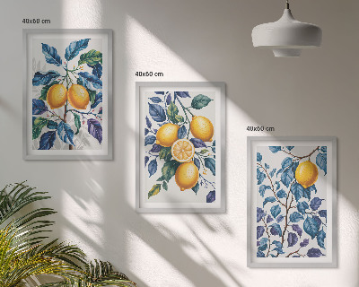 Set of 3 framed wall art pieces Lemon branches blue leaves