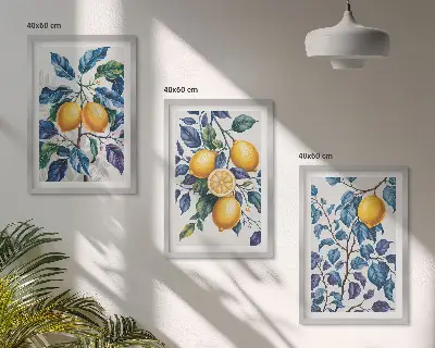 Set of 3 framed wall art pieces lemon branches with blue leaves