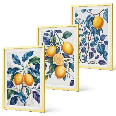 Set of 3 framed wall art pieces lemon branches with blue leaves