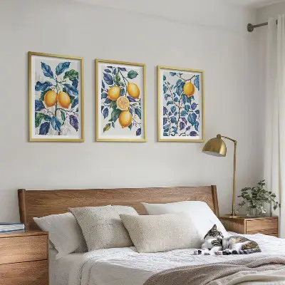 Set of 3 framed wall art pieces lemon branches with blue leaves