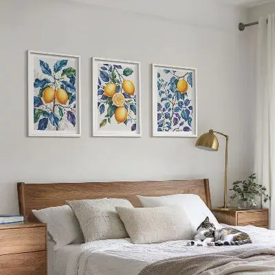 Set of 3 framed wall art pieces lemon branches with blue leaves