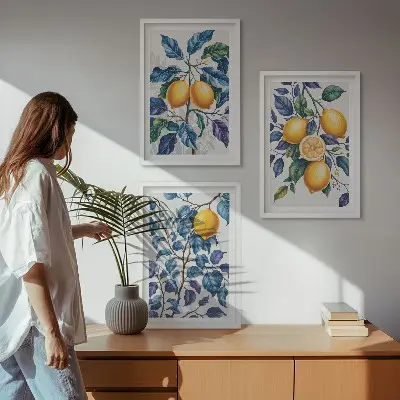 Set of 3 framed wall art pieces lemon branches with blue leaves