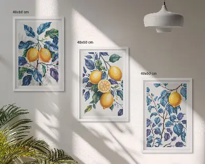 Set of 3 framed wall art pieces lemon branches with blue leaves