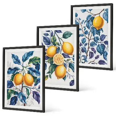 Set of 3 framed wall art pieces lemon branches with blue leaves