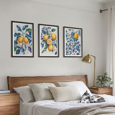 Set of 3 framed wall art pieces Lemon branches blue leaves